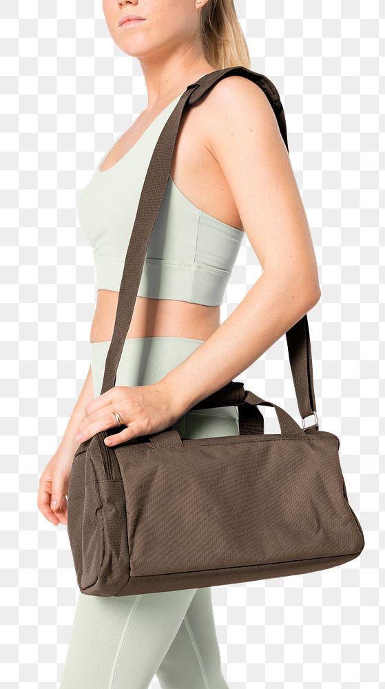 Png woman mockup carrying brown duffle bag in her gym clothes