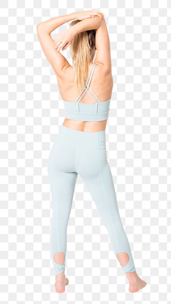 Healthy woman png mockup stretching in blue sportswear rear view