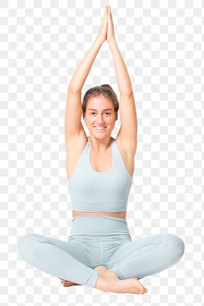 Healthy woman png mockup doing yoga pose in blue sportswear