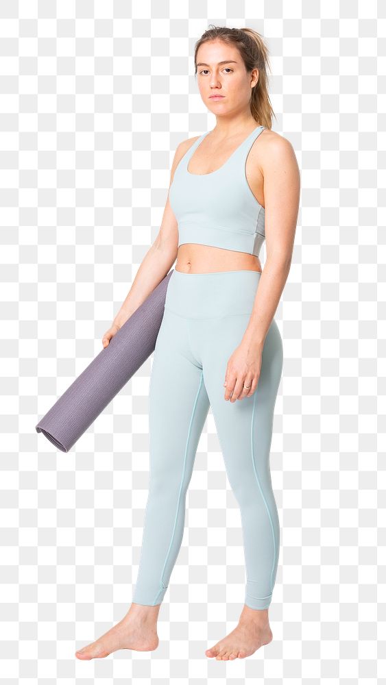 Yoga woman png mockup in blue sports bra and leggings with yoga mat