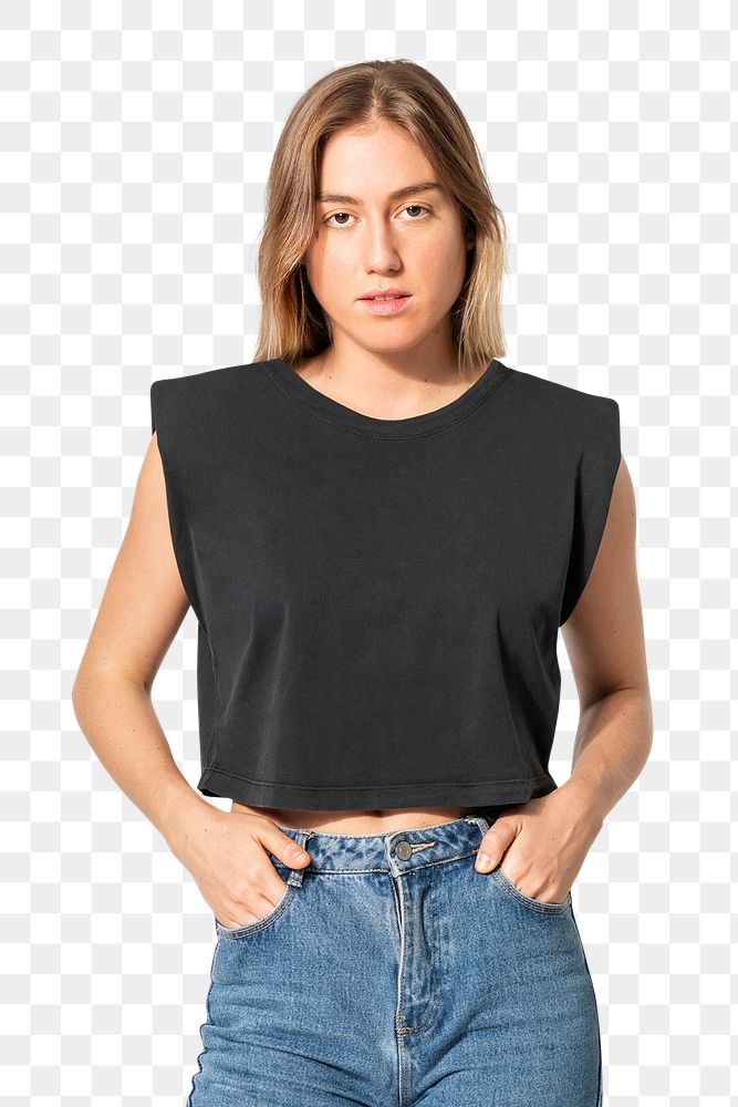 Png cropped tank top mockup in black and jeans women&rsquo;s street fashion