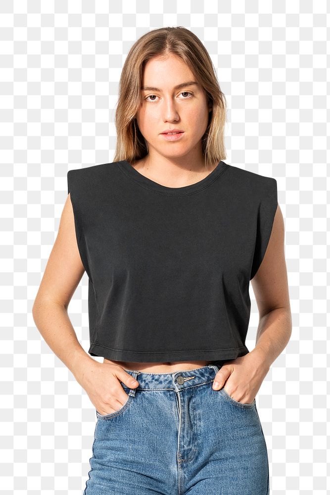 Png cropped tank top mockup in black and jeans women’s street fashion