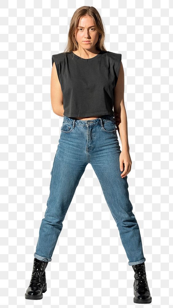 Woman png mockup in black cropped tank top and jeans street fashion