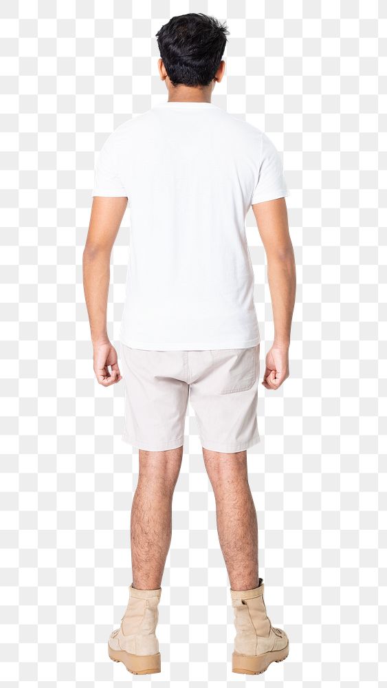 Man png mockup in white t-shirt basic wear full body rear view