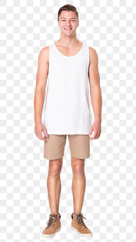 Man png mockup in white tank top summer apparel full body