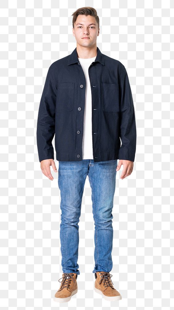 Man png mockup in navy jacket and jeans casual fashion full body