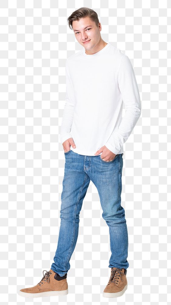 Man png mockup in white long sleeve and jeans street fashion