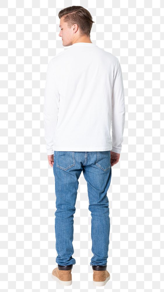 Man png mockup in white long sleeve and jeans street fashion rear view