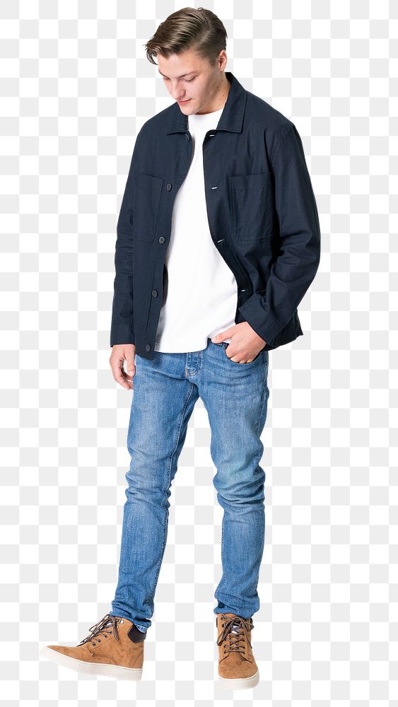 Man png mockup in navy jacket and jeans casual fashion full body