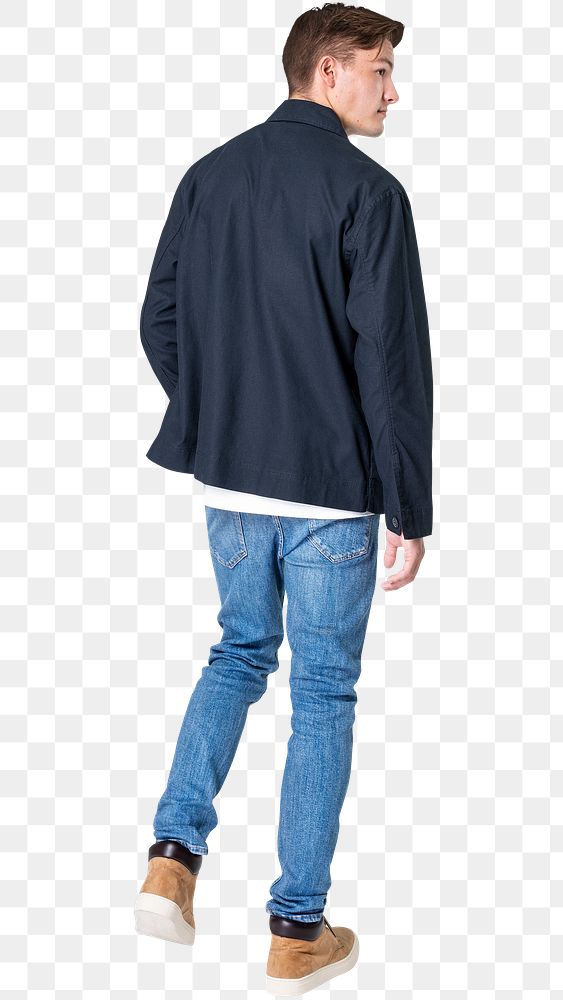 Man png mockup in navy jacket and jeans casual fashion rear view