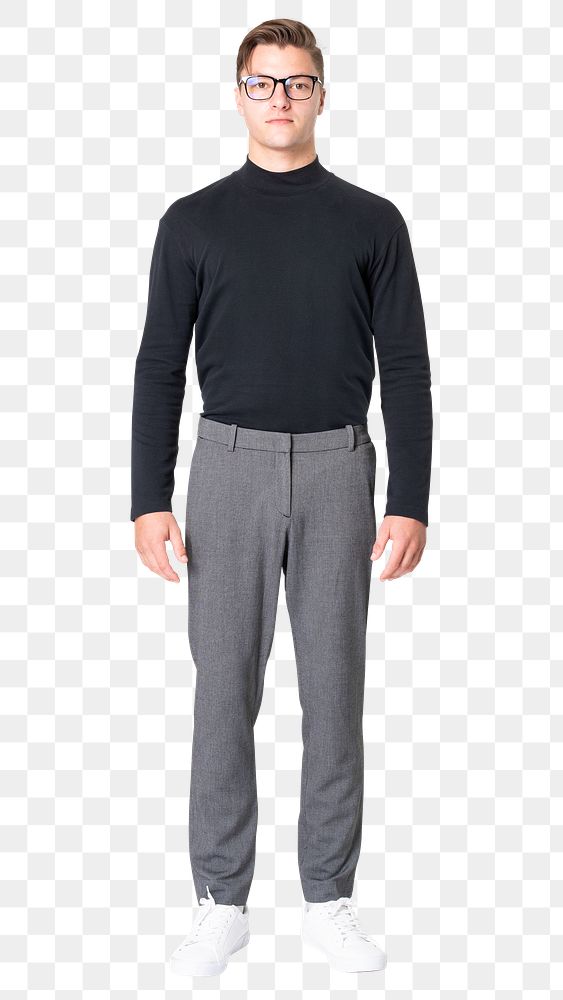 Man png mockup in black turtleneck shirt with slacks men&rsquo;s casual business wear