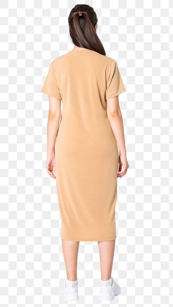 Woman png mockup in beige t-shirt dress casual wear apparel rear view