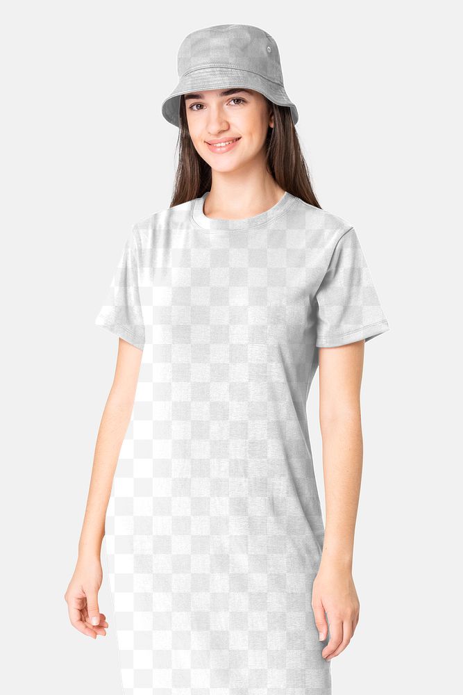 Png t-shirt dress mockup with bucket hat transparent women&rsquo;s casual wear