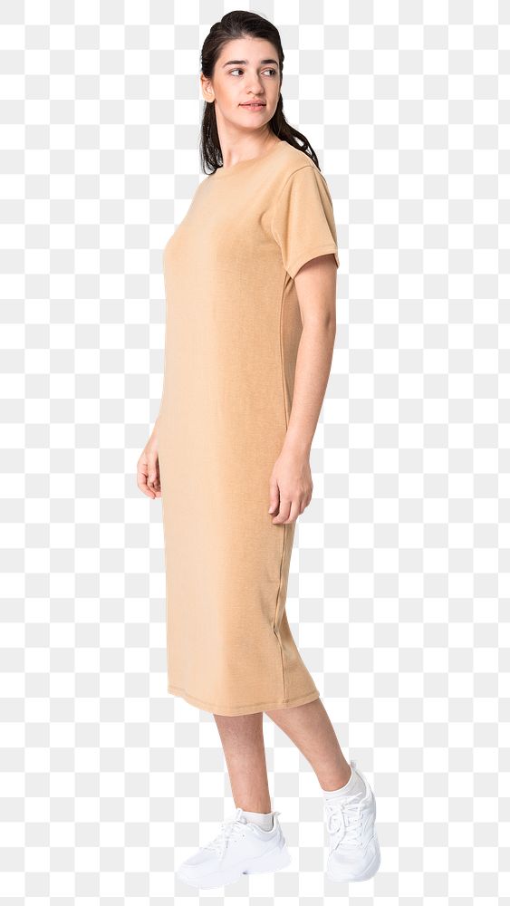 Woman png mockup in beige t-shirt dress casual wear apparel full body