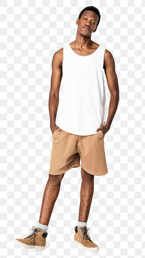 Man png mockup in white tank top summer apparel full body