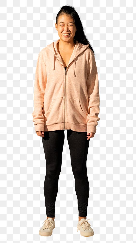 Asian woman png mockup in orange pastel jacket sportswear fashion full body