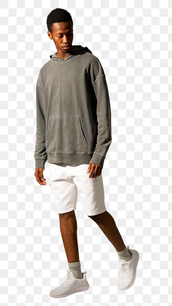 Man png mockup in gray hoodie street fashion full body