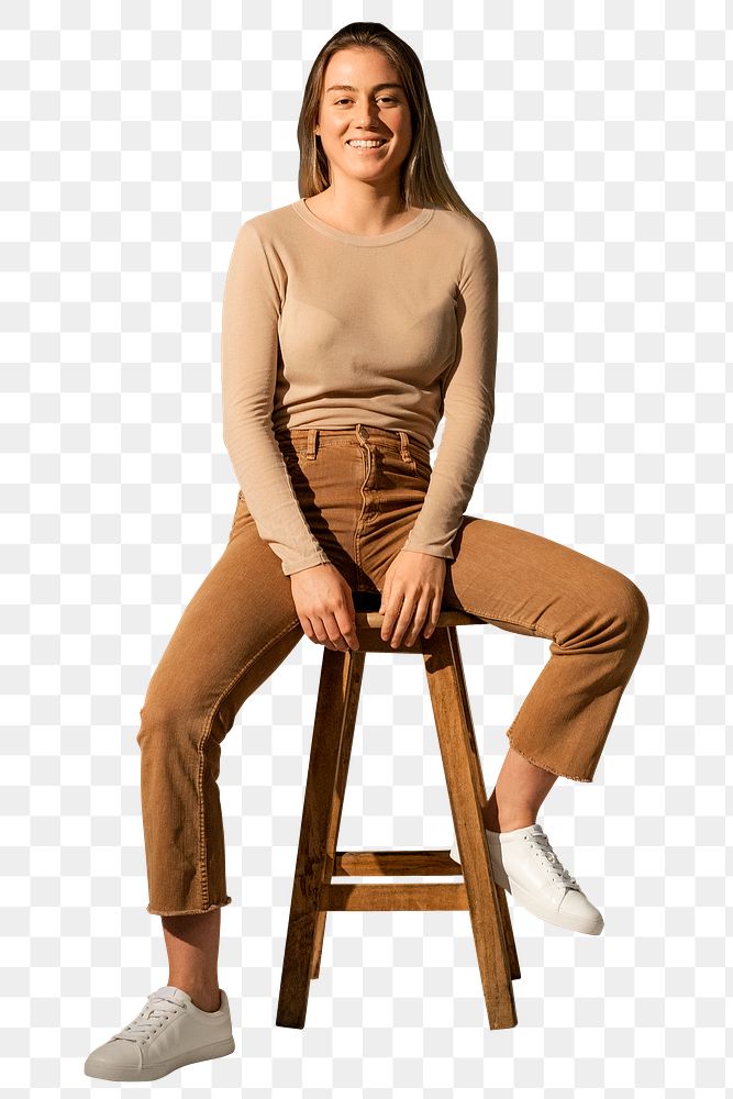 Woman png mockup in brown casual outfit sitting on a chair