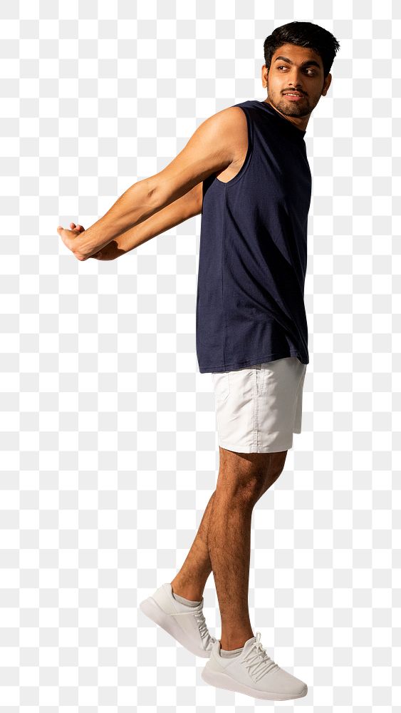 Man png mockup stretching his arms in sportswear apparel full body