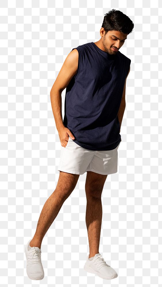 Man png mockup in blue tank top and shorts sportswear fashion full body