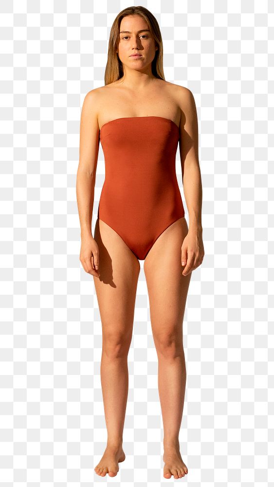 Woman png mockup in red strapless swimsuit summer fashion full body