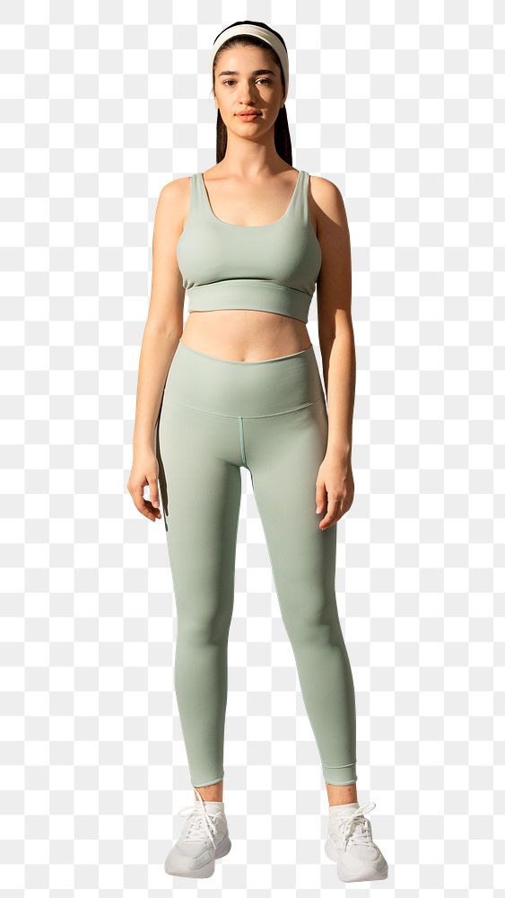 Woman png mockup in green sports bra and yoga pants full body