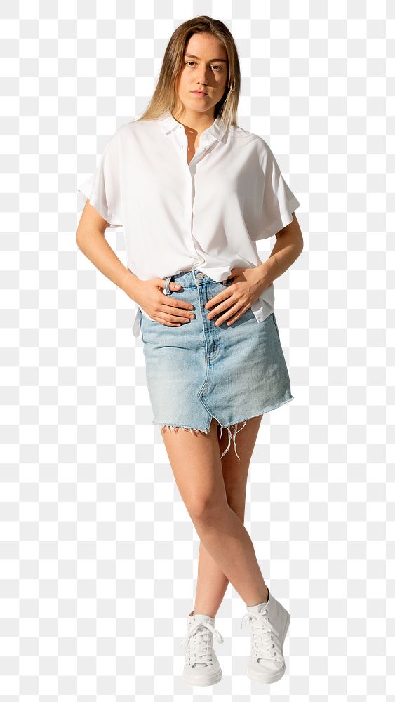 Blonde woman png mockup in white shirt and denim skirt street apparel full body