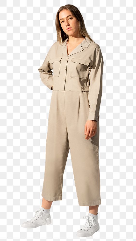 Woman png mockup in beige jumpsuit street fashion full body