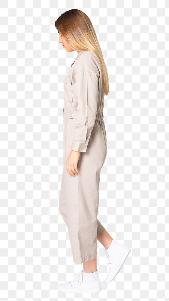 Woman png mockup in beige jumpsuit street fashion side view