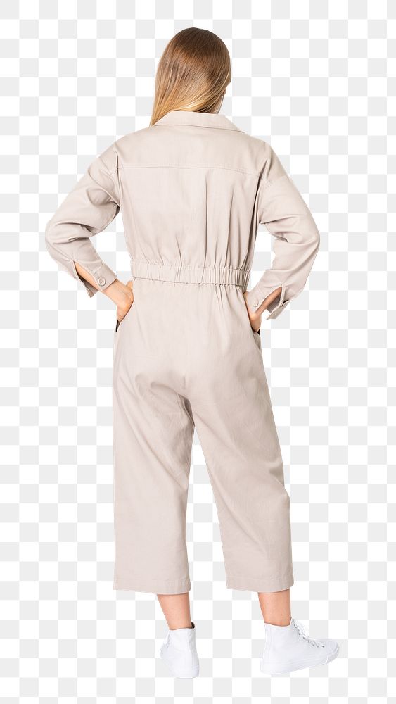 Woman png mockup in beige jumpsuit street fashion rear view