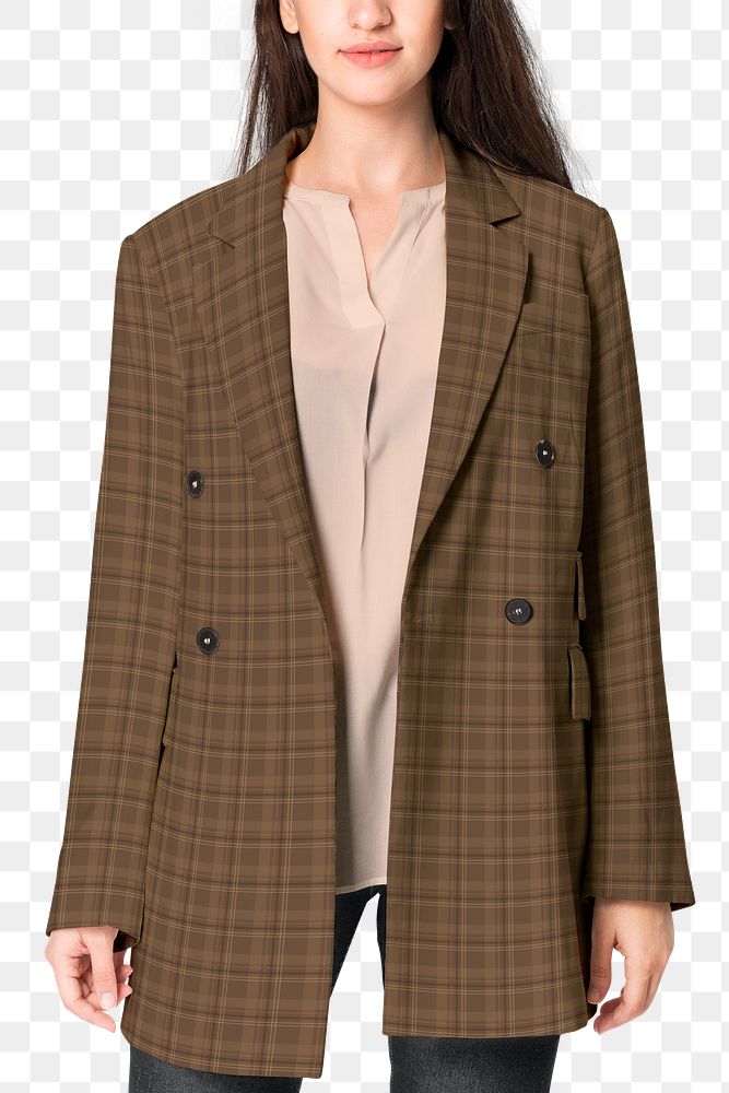 Coat png mockup with brown plaid pattern women&rsquo;s outerwear winter apparel