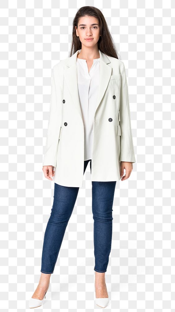 Woman png mockup in white coat and jeans casual wear apparel full body