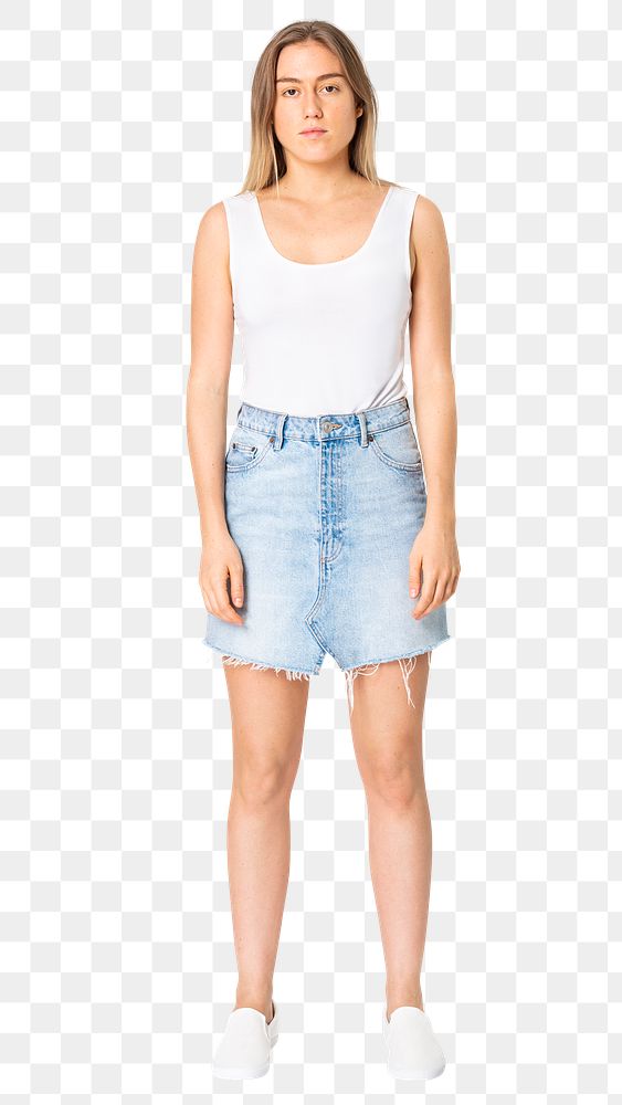 Blonde woman png mockup in white tank top and denim skirt street apparel full body