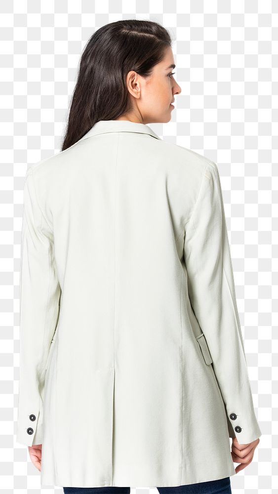 Woman png mockup in white coat and jeans casual wear apparel rear view 