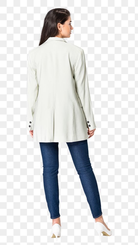 Woman png mockup in white coat and jeans casual wear apparel rear view