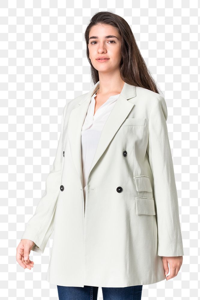 Woman png mockup in white coat and jeans casual wear apparel 