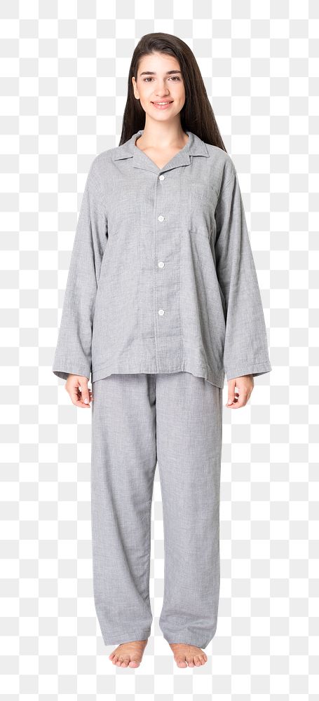 Woman png mockup in gray pajamas unisex sleepwear apparel full body
