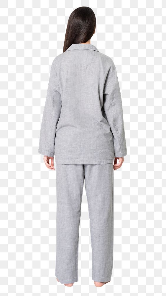 Woman png mockup in gray pajamas unisex sleepwear apparel rear view