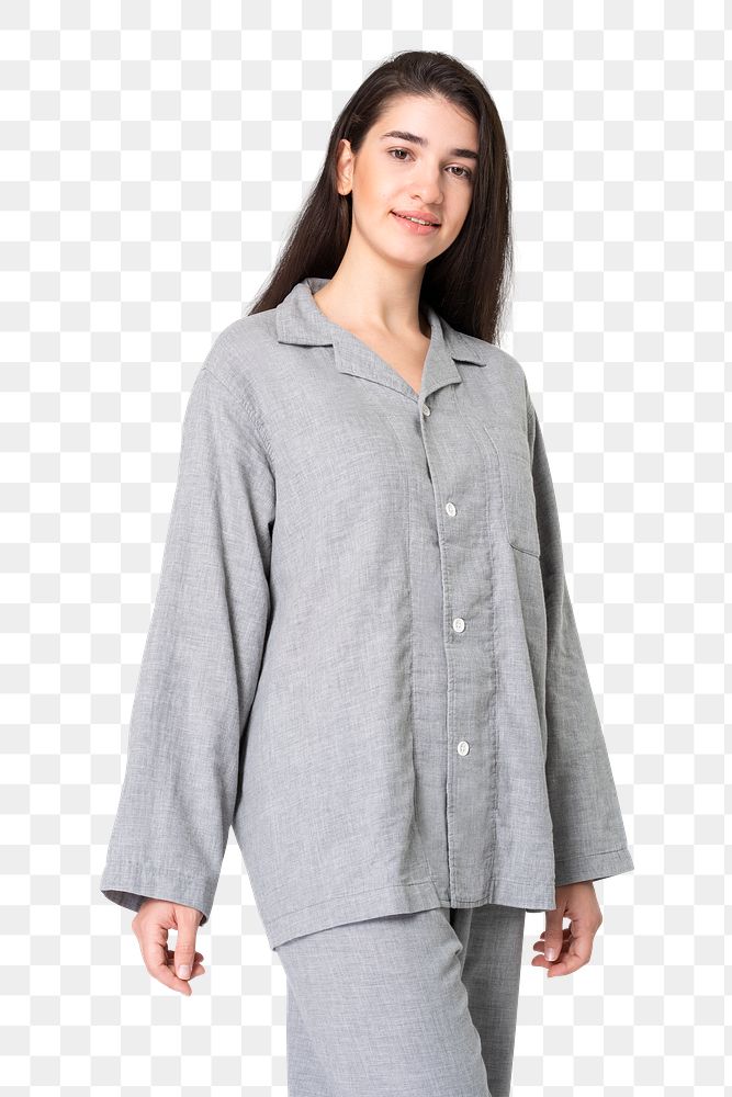 Png woman mockup gray pajamas nightwear apparel shoot