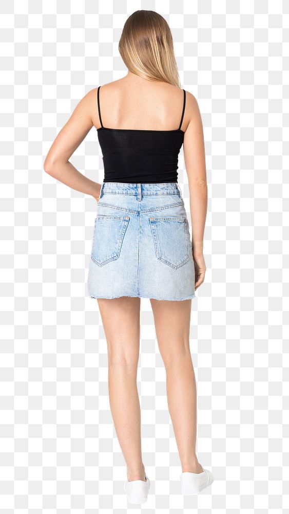Blonde woman png mockup in black tank top and denim skirt street apparel rear view