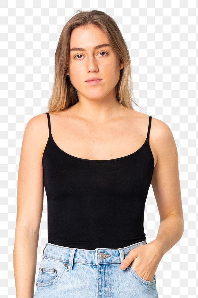 Blonde woman png mockup in black tank top and denim skirt street apparel