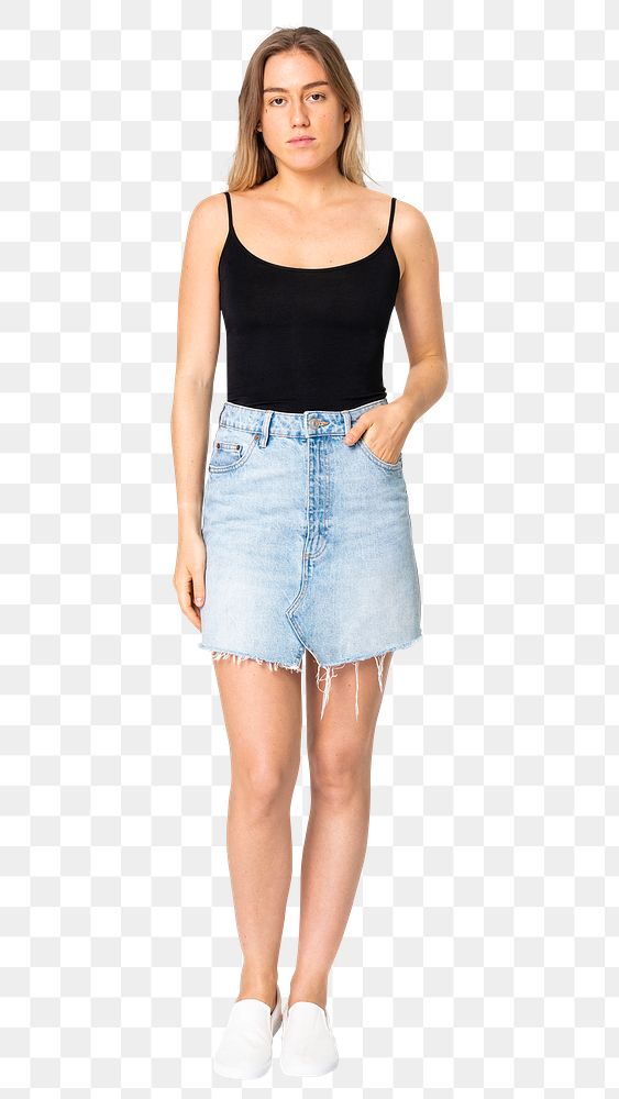 Blonde woman png mockup in black tank top and denim skirt street apparel full body