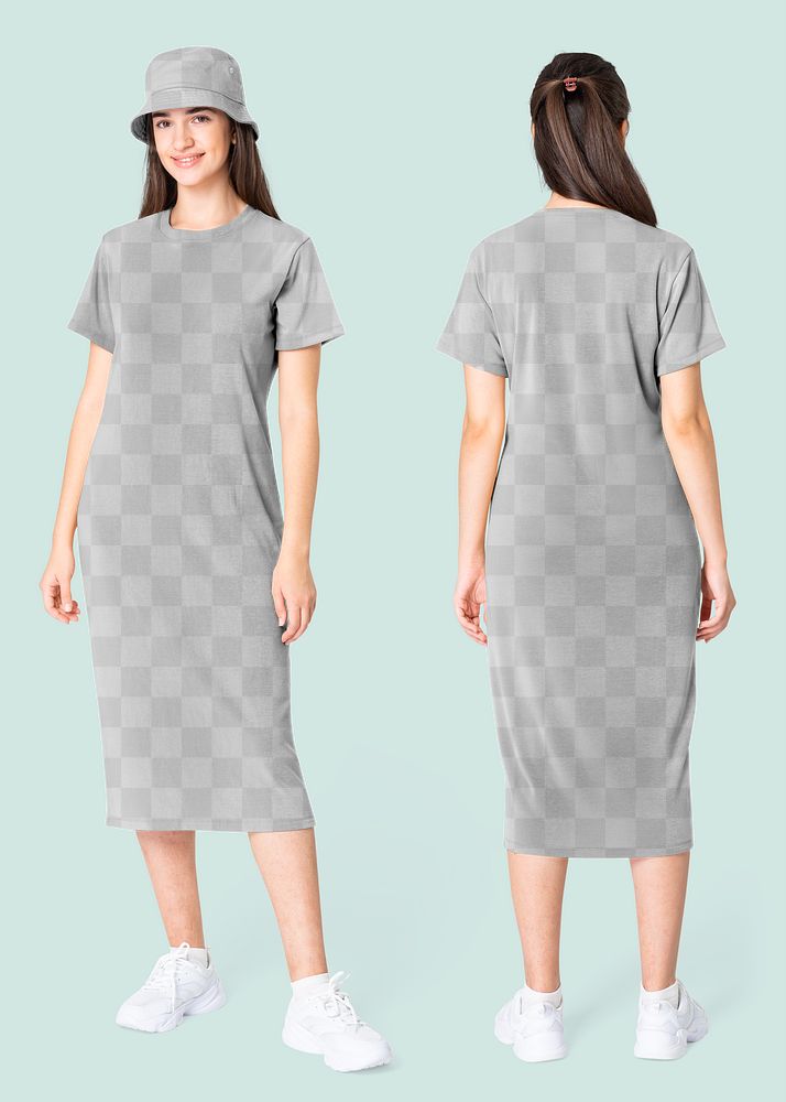 Png t-shirt dress mockup with bucket hat transparent women&rsquo;s casual wear full body