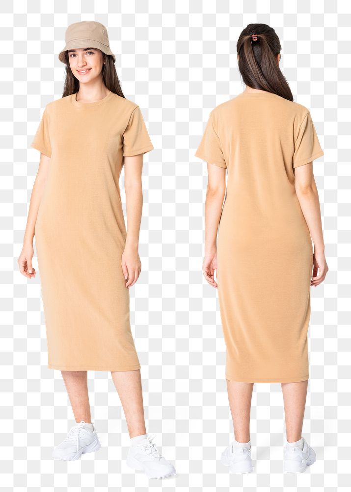 Woman png mockup in t-shirt dress  with bucket hat casual wear full body