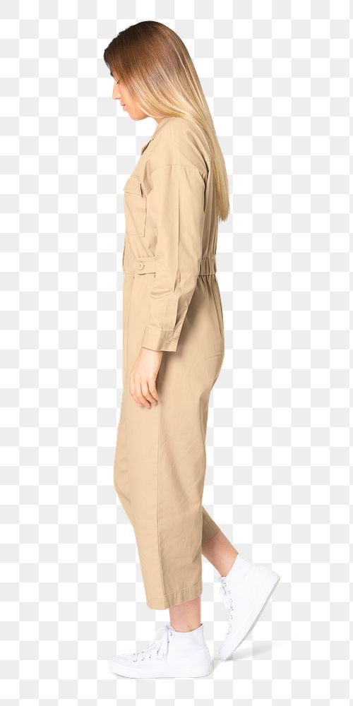 Woman png mockup in beige jumpsuit street fashion 