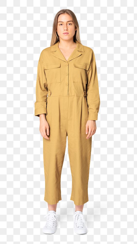 Woman png mockup in yellow jumpsuit street fashion full body