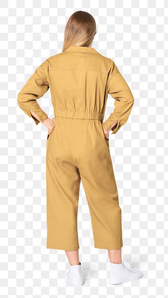 Woman png mockup in yellow jumpsuit street fashion rear view