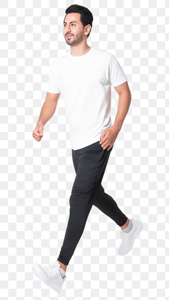 Man png mockup running in work out white t-shirt activewear fashion