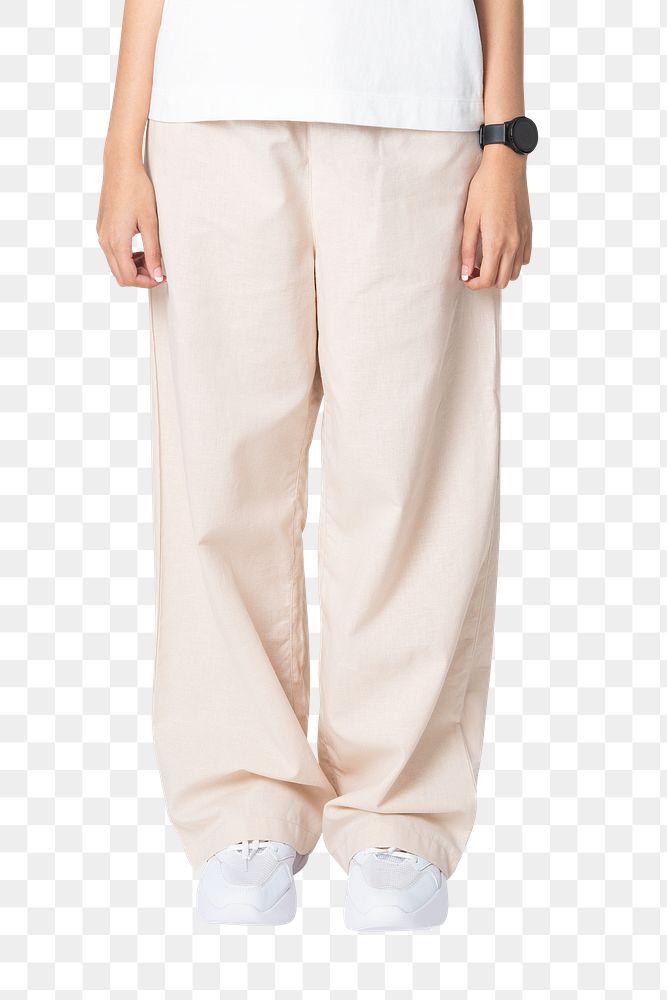 Woman png mockup in beige loose pants comfortable casual wear