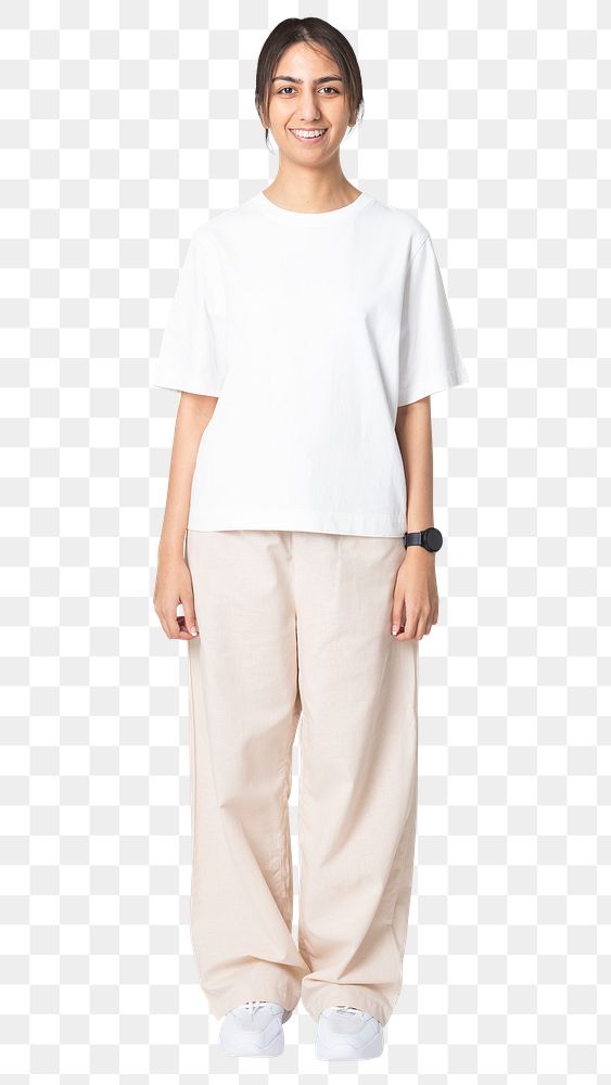 Woman png mockup in white round neck t-shirt casual fashion